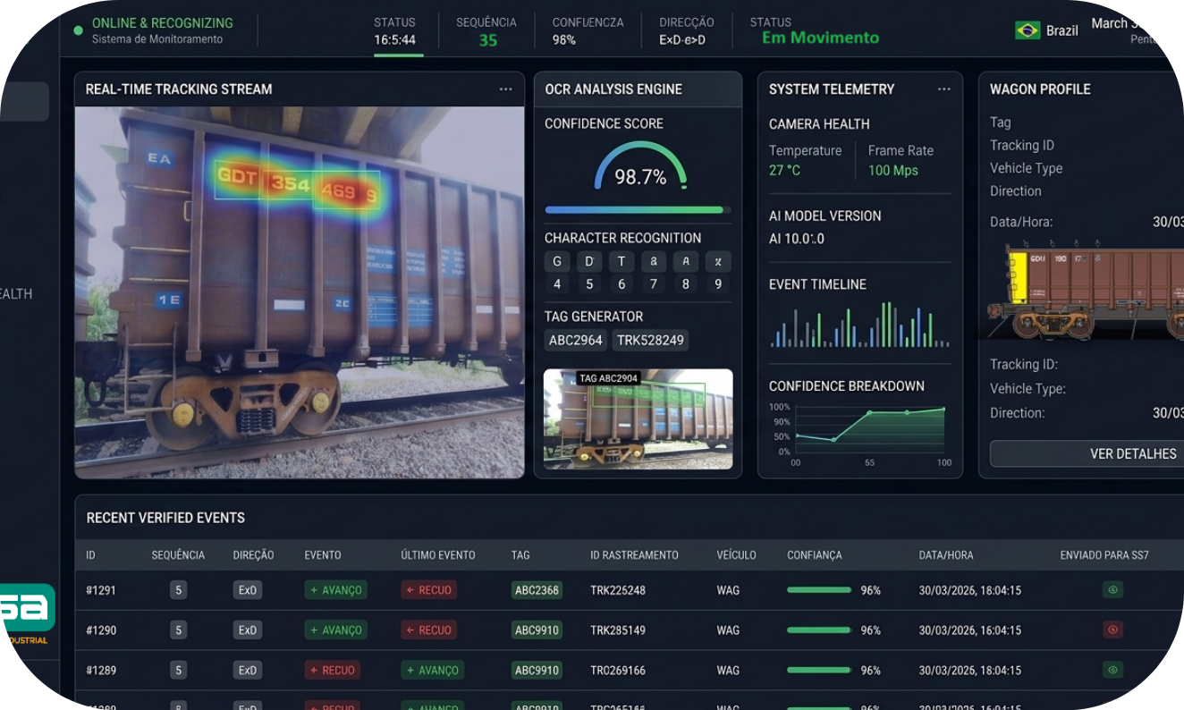 Dashboard del sistema OCR ferroviario MASSA: lectura de matrícula, confianza y tracking en tiempo real